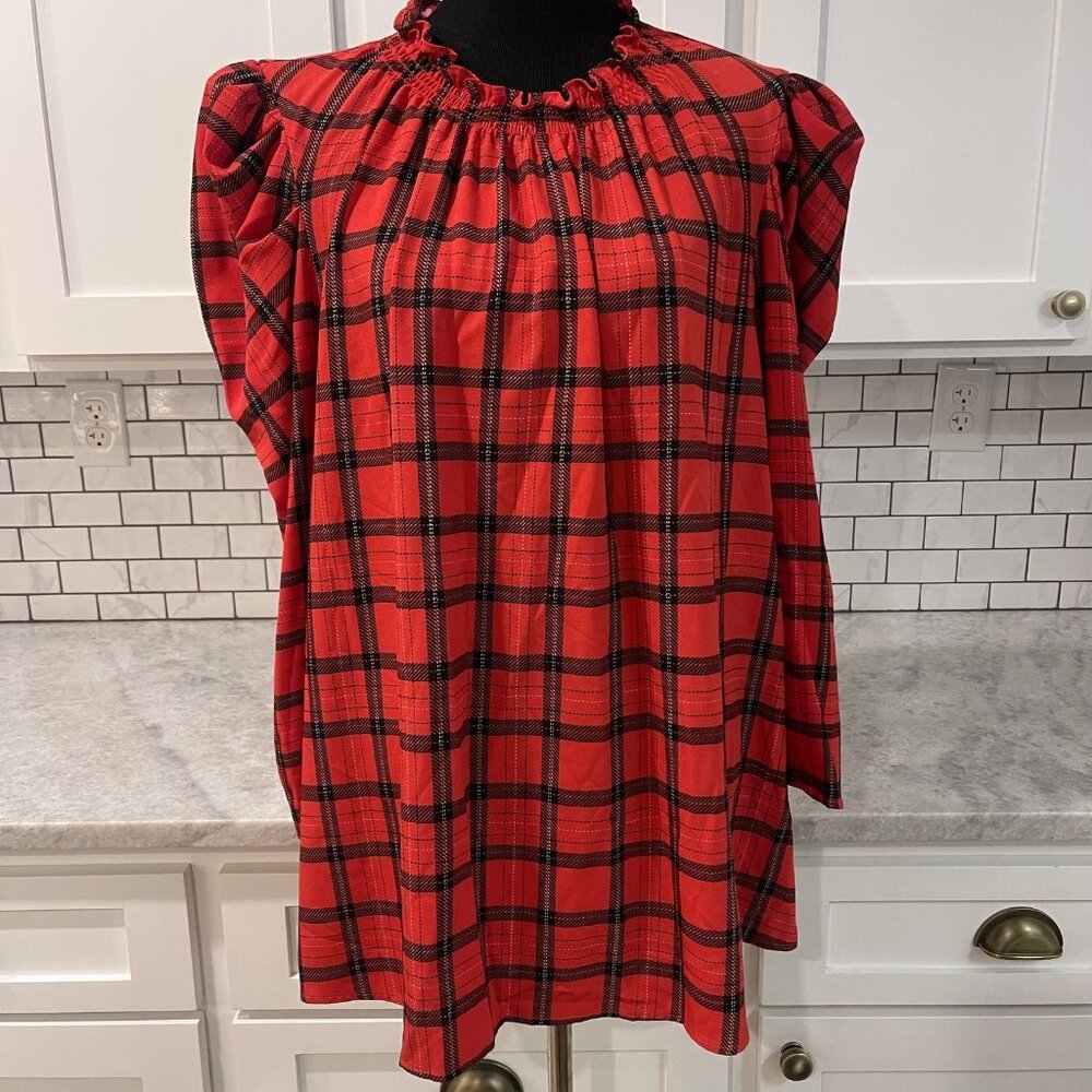 Sugarlips Top Womens 3X Red Plaid Puff Sleeve Ruffle Silky Smocked Tunic Blouse